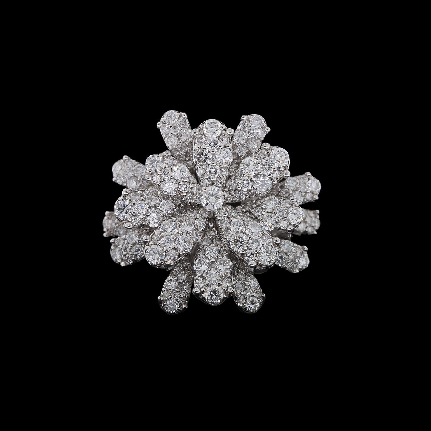 18K White Gold Floral Ring featuring 3.66ct Round Brilliant Diamonds, weighing 16.10g, in a bold three-dimensional design.