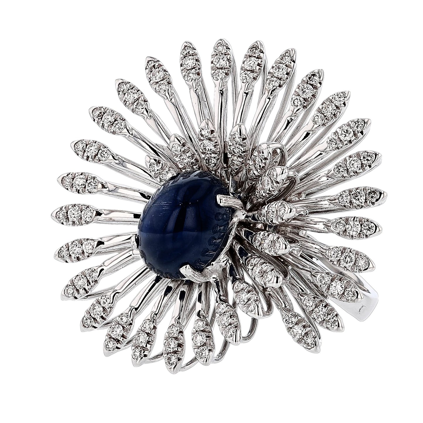 18K White Gold Swirl Vortex Ring featuring a 3.82ct Cabochon Sapphire, 0.81ct Round Natural Diamonds, and 14.15 grams of gold.