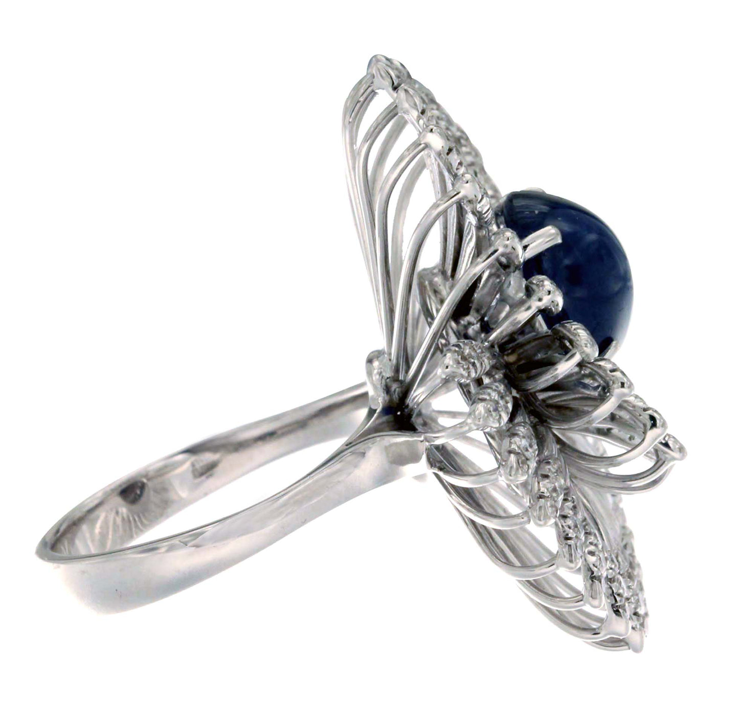 18K White Gold Swirl Vortex Ring featuring a 3.82ct Cabochon Sapphire, 0.81ct Round Natural Diamonds, and 14.15 grams of gold.