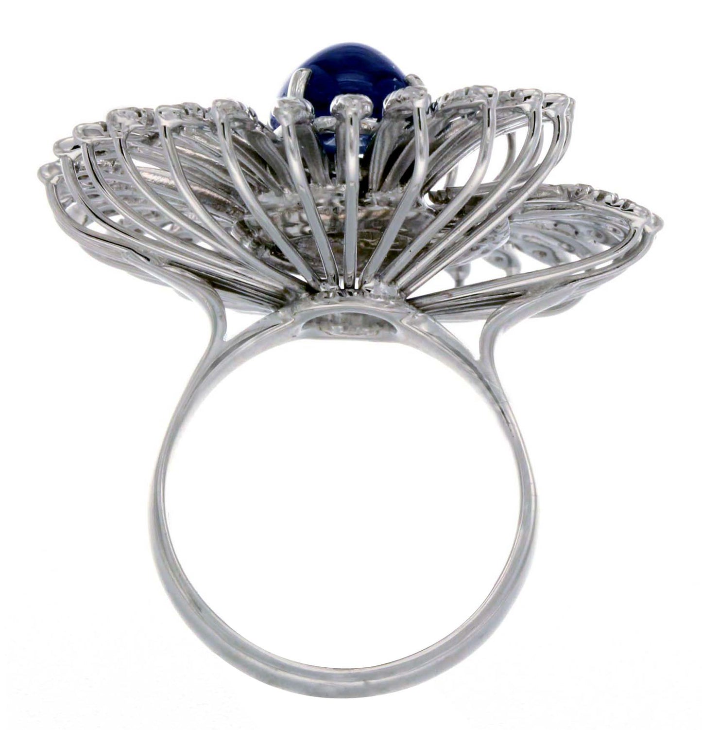 18K White Gold Swirl Vortex Ring featuring a 3.82ct Cabochon Sapphire, 0.81ct Round Natural Diamonds, and 14.15 grams of gold.