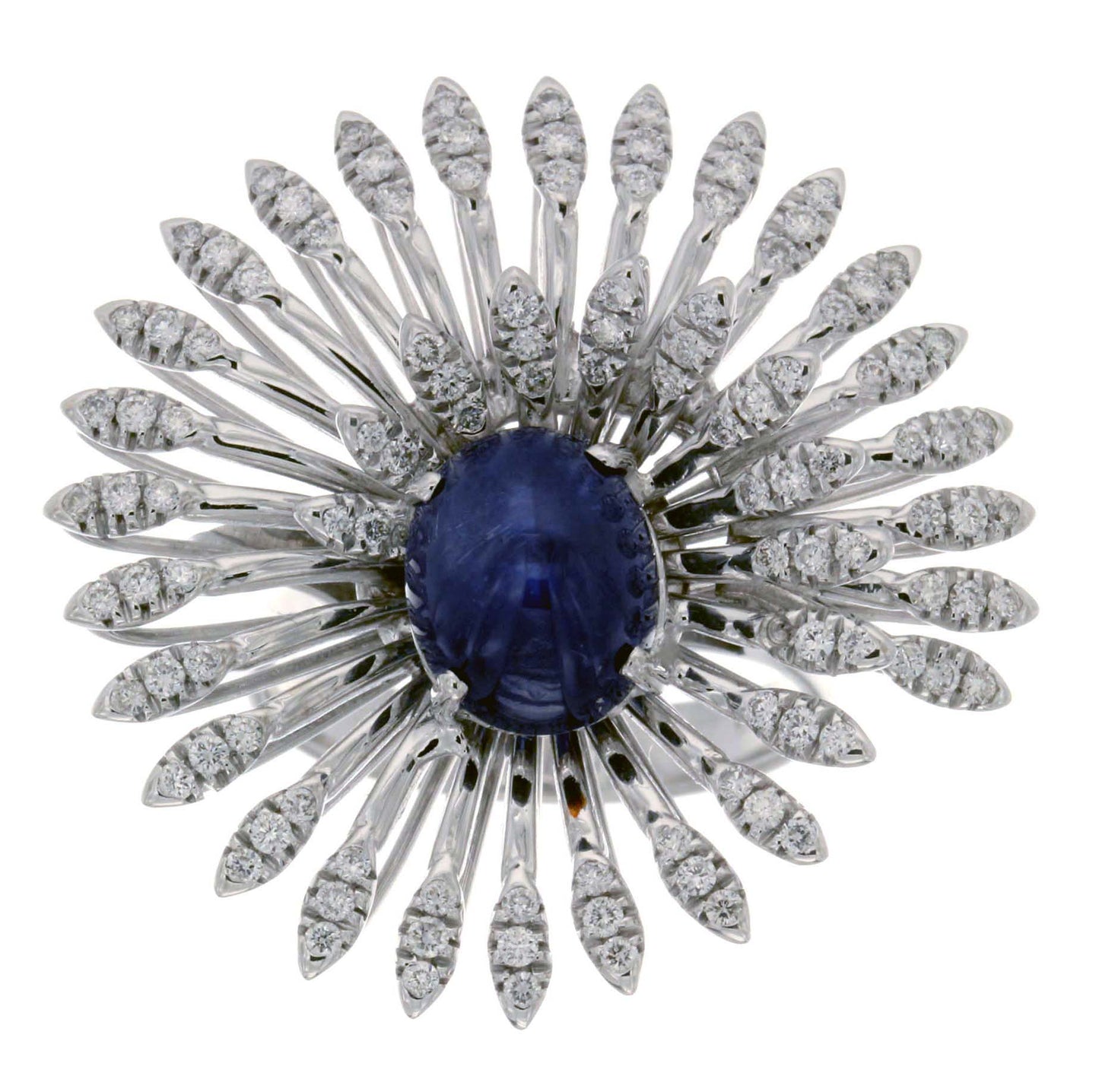 18K White Gold Swirl Vortex Ring featuring a 3.82ct Cabochon Sapphire, 0.81ct Round Natural Diamonds, and 14.15 grams of gold.