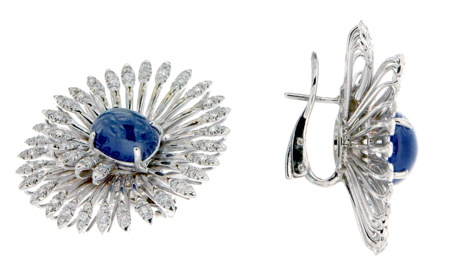 18K White Gold earrings featuring 7.30ct Cabochon Sapphires, 1.68ct Round Natural Diamonds, and a swirl vortex design.