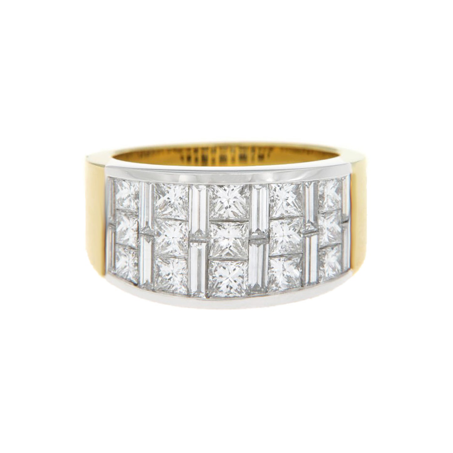 A wide Platinum and Yellow Gold Band Ring featuring 2.75ct Baguette and Princess-Cut Diamonds (G, VVS) in a lattice design, offering bold contrast and timeless refinement.