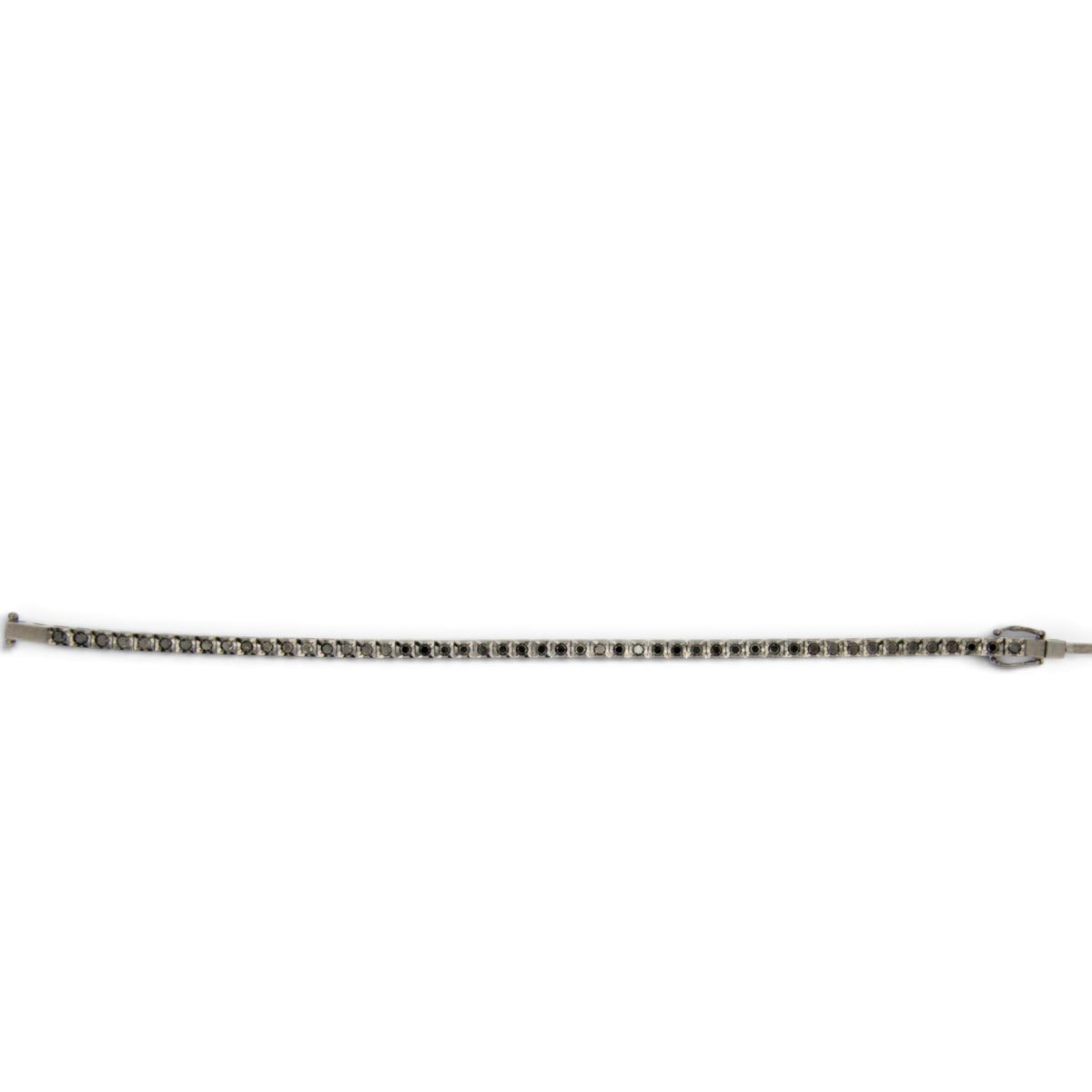 Full-length view of the black diamond tennis bracelet in 18K black gold, laid straight with its clasp open, reference 2370B.