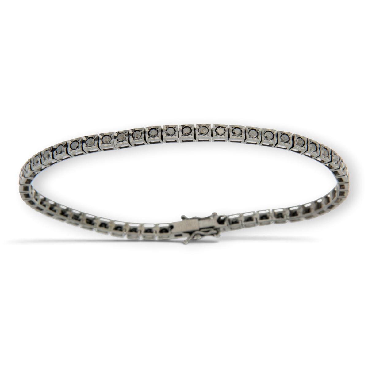 Black diamond tennis bracelet in 18K black gold, arranged in an oval with the clasp visible, reference 2370B.