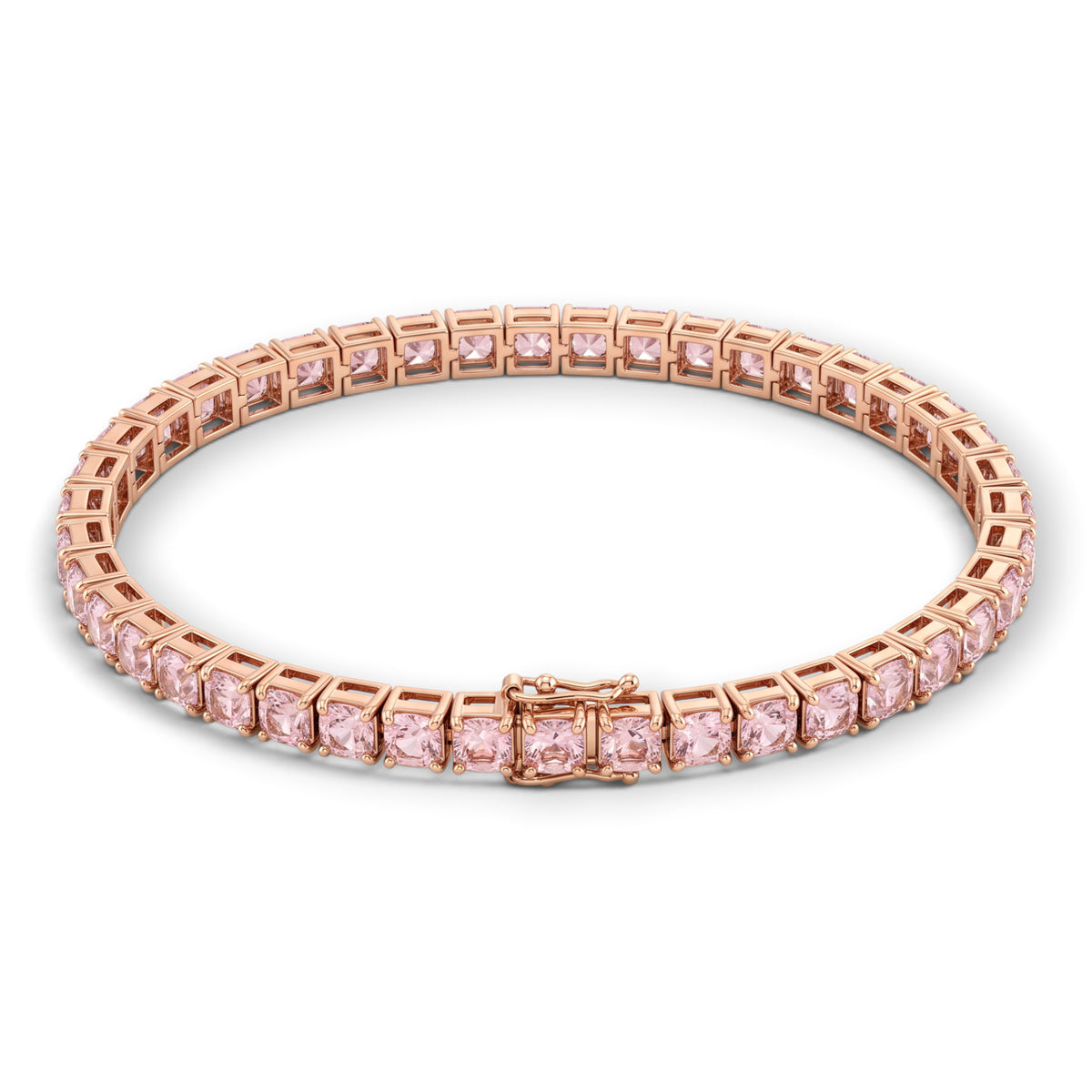 Pink sapphire tennis bracelet in 18K rose gold, arranged in an oval with the clasp at the front and open-backed settings visible, reference 2515B.