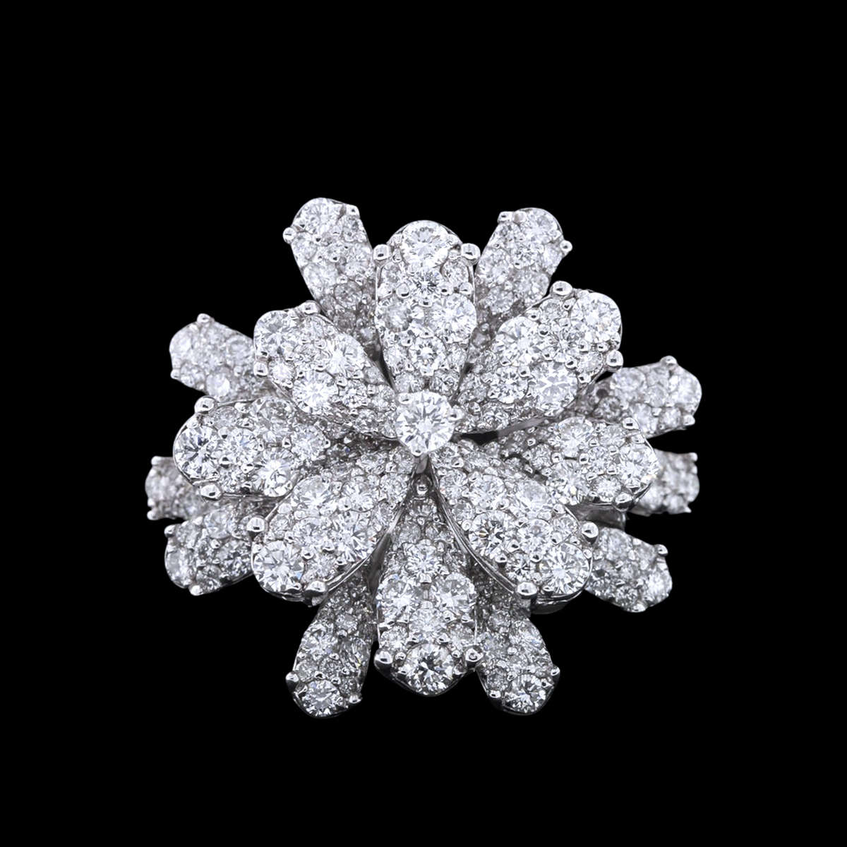 hofjewellery 18K white gold floral ring featuring 3.66ct round brilliant diamonds in a dimensional petal design.