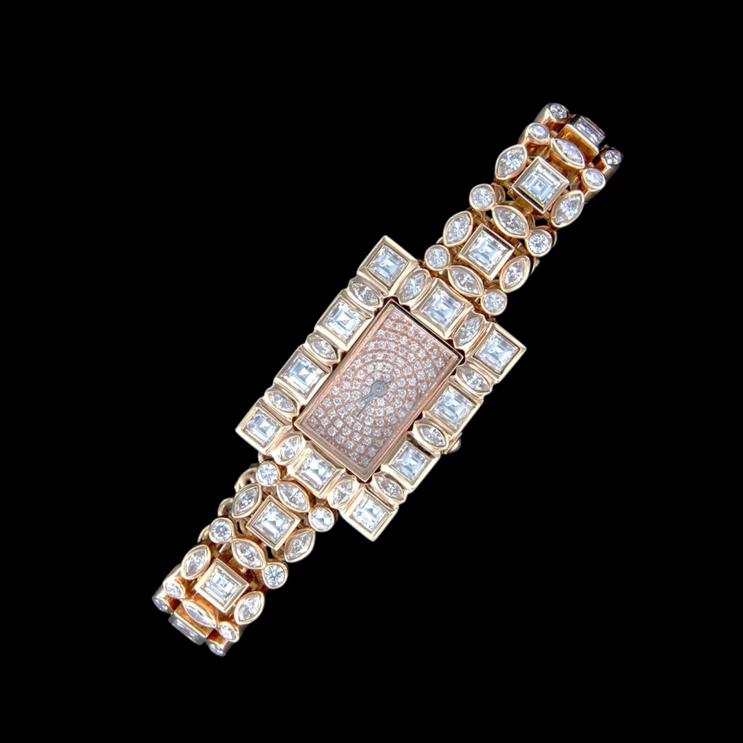 hofjewellery rectangular gold bracelet watch featuring a diamond-paved dial and ornate gem-set link band