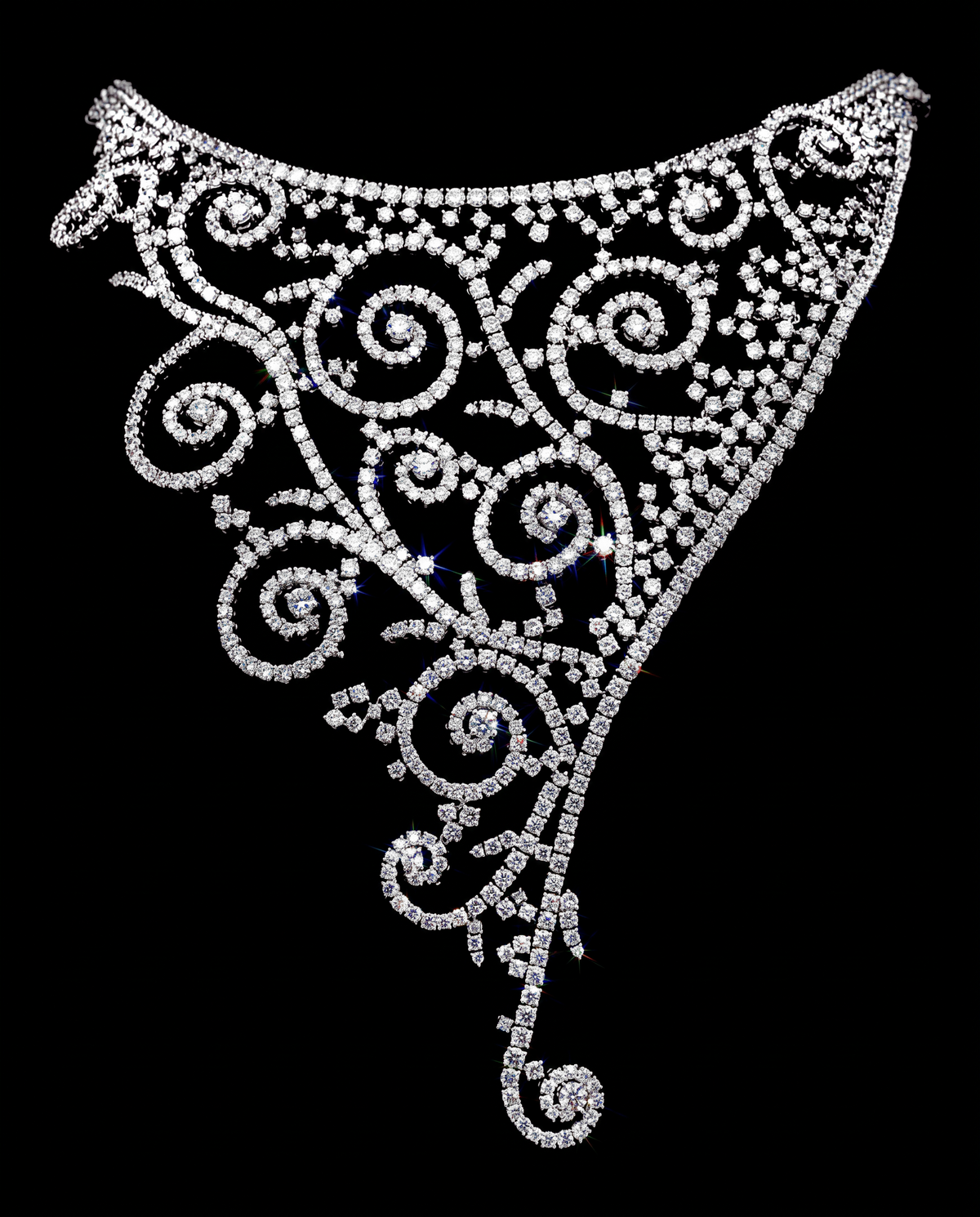hofjewellery 18K white gold necklace featuring intricate scrollwork patterns set with 69.76ct round brilliant diamonds.