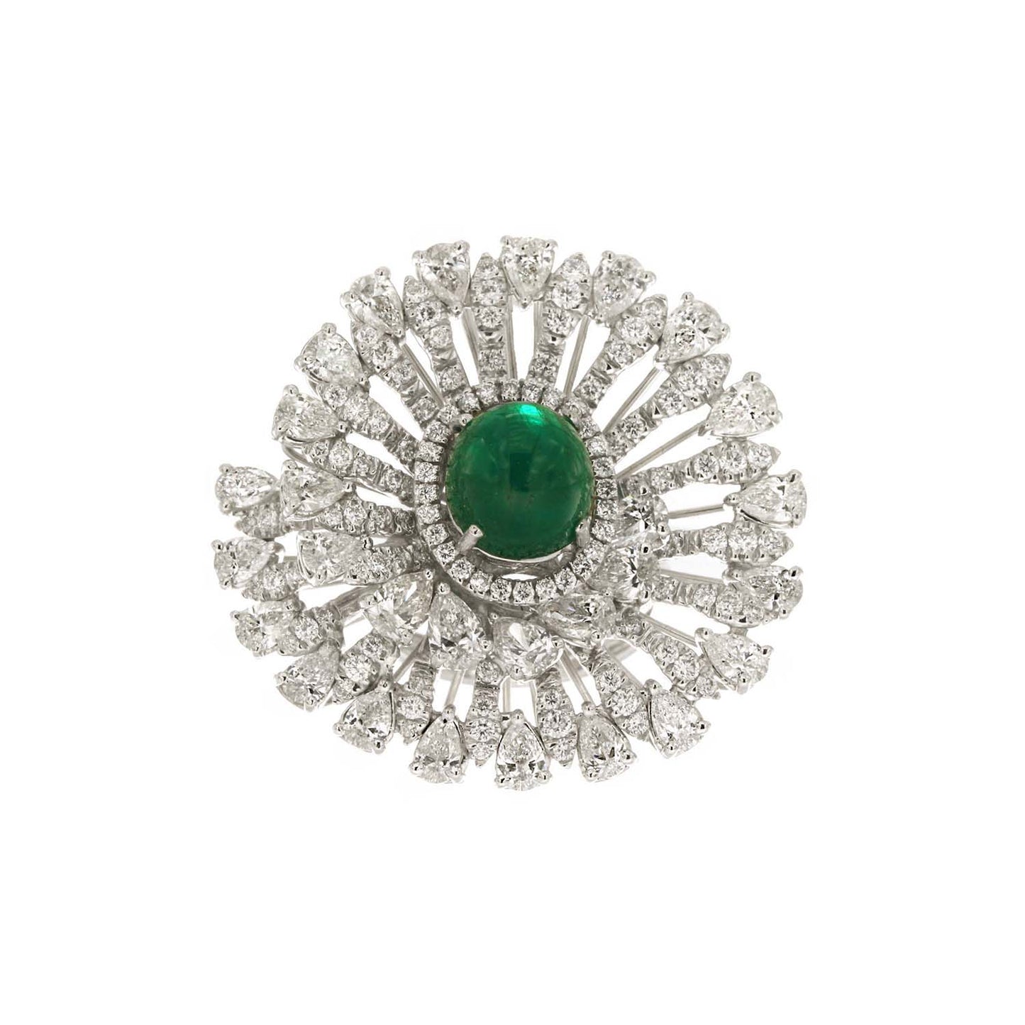 A striking 18K White Gold cocktail ring featuring a 3.79ct deep green Cabochon Colombian Emerald, accented with 2.50ct Round Diamonds and 2.82ct Pear-Shaped Diamonds, embodying bold elegance and individuality.