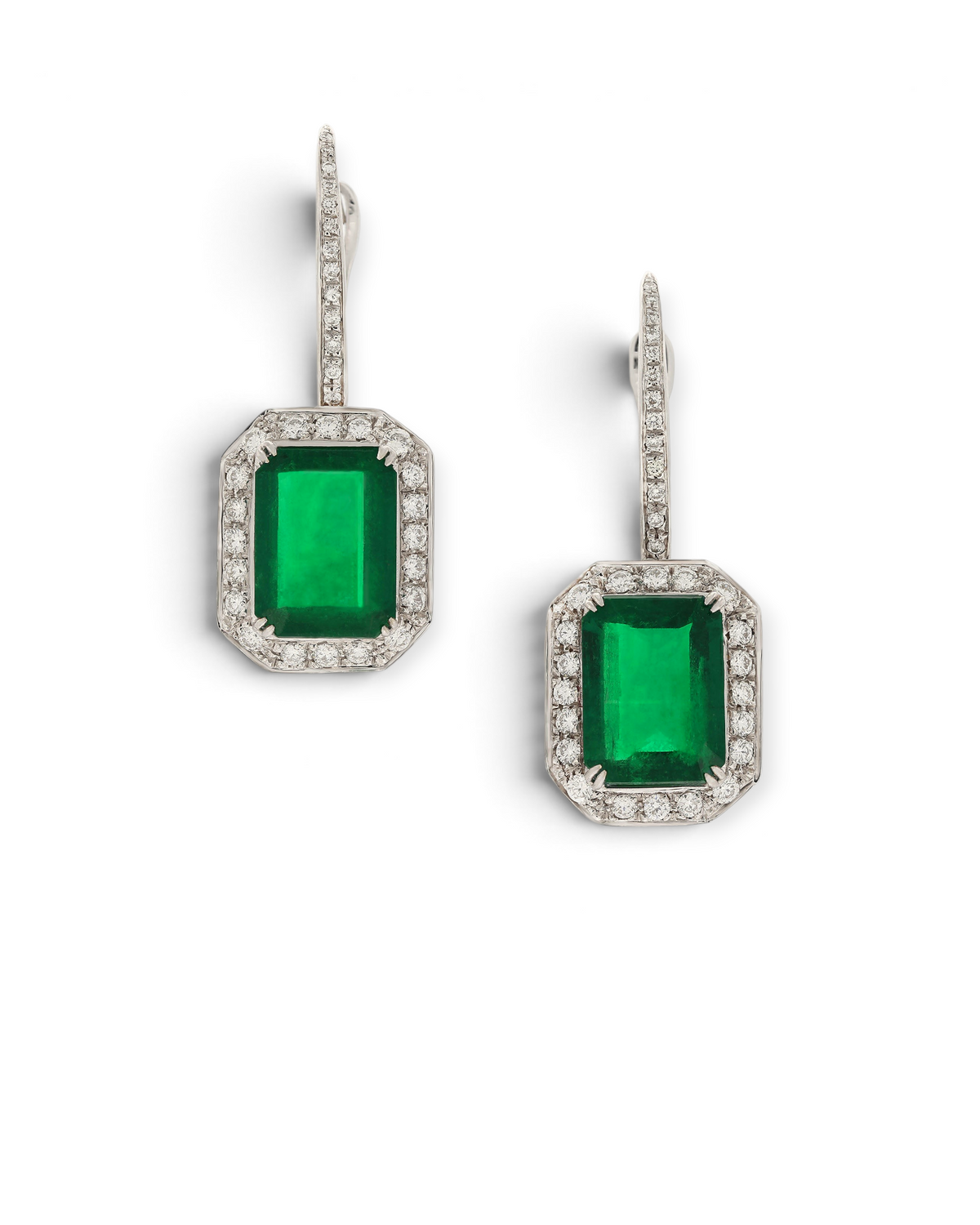 hofjewellery 18K white gold drop earrings featuring emerald cut Colombian emeralds and round brilliant diamonds.
