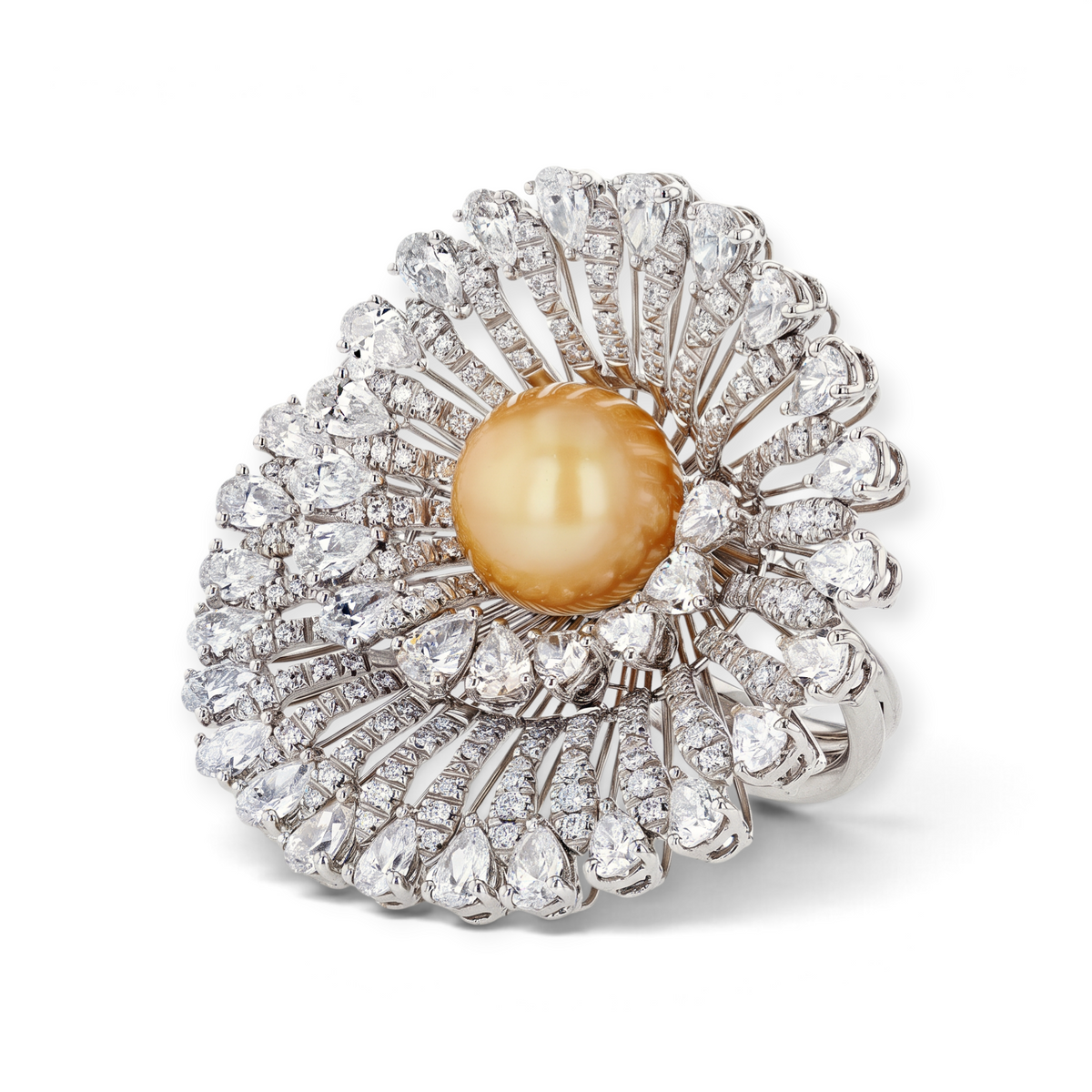 hofjewellery 18K white gold convertible pendant ring with a South Sea golden pearl and round and pear-shaped diamonds.