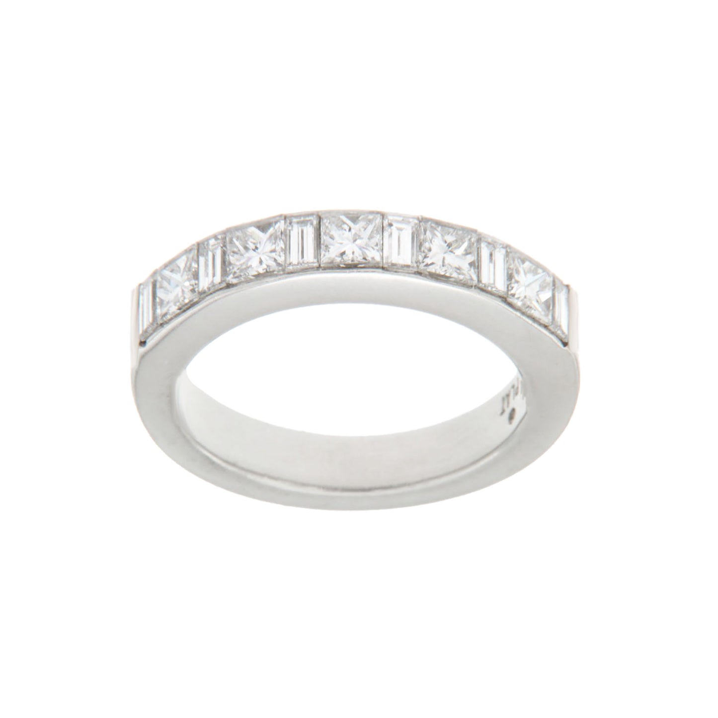 A sleek 18K Platinum Half Band Ring featuring 1.50ct Natural Diamonds (G, VVS) in an alternating princess-cut and baguette-cut arrangement with a refined lattice design, offering a balance of symmetry and brilliance.