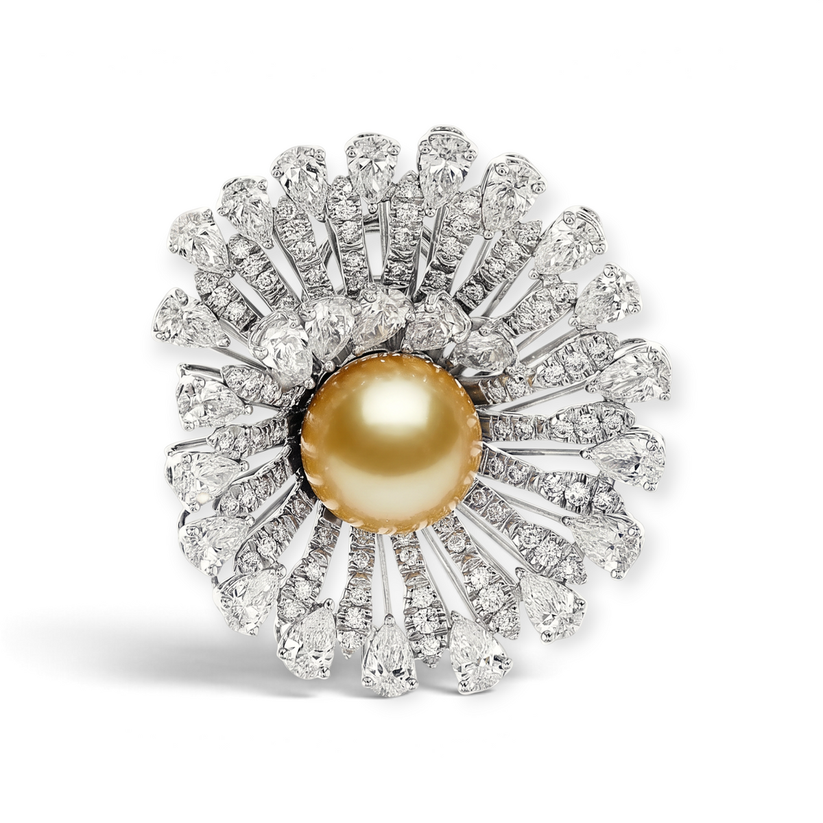 hofjewellery Vortici Luminosi 18K white gold pendant featuring a South Sea golden pearl and diamond swirl design