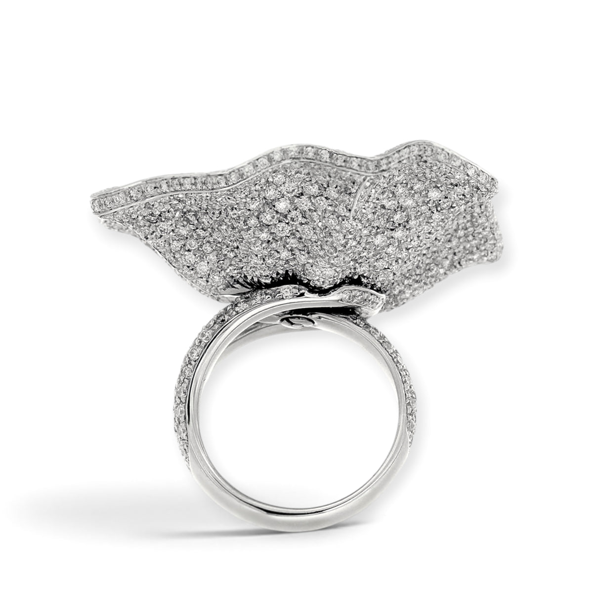 Side view of the Arges Bouquet diamond flower ring in 18K white gold, showing its raised setting and diamond-set band, reference 1000R.