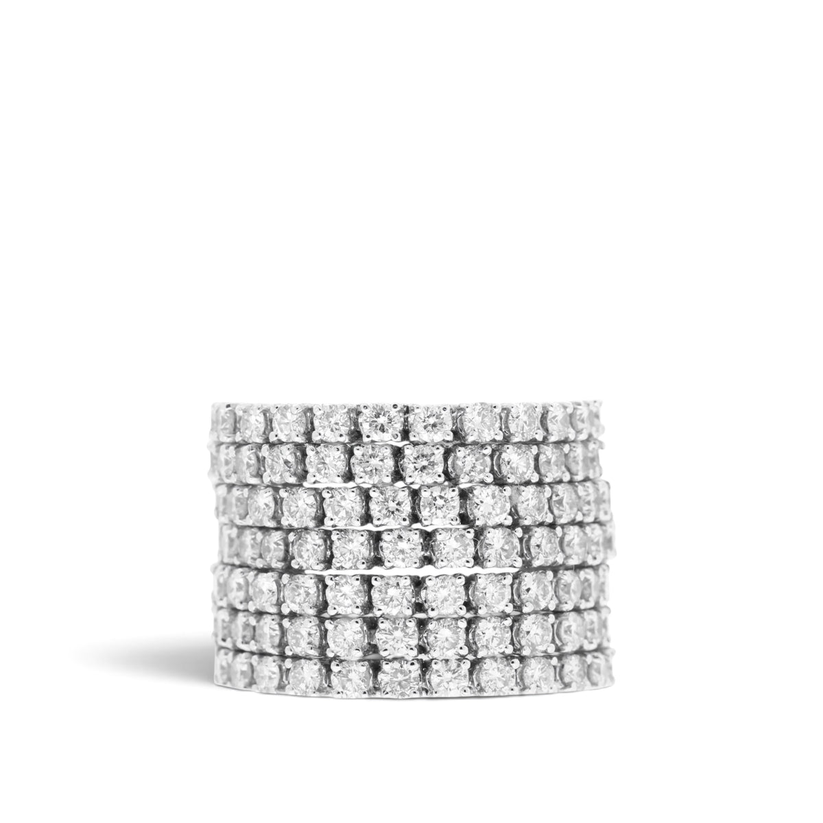 Wide multi-row ring set with round brilliant diamonds in 18K white gold, front view, reference 1006R.