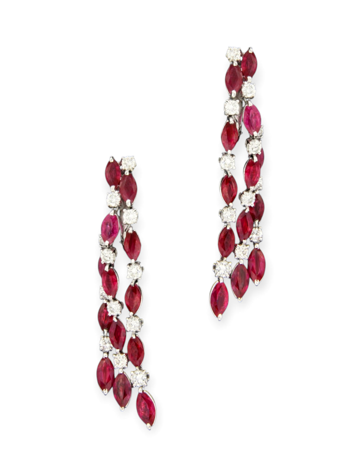 Marquise ruby and round diamond tassel earrings in 18K white gold, reference 1018E.