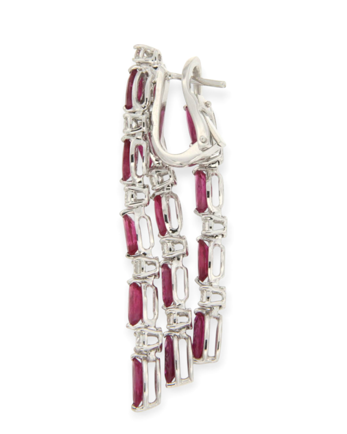 Pair of marquise ruby and diamond tassel earrings in 18K white gold on a white background, reference 1018E.