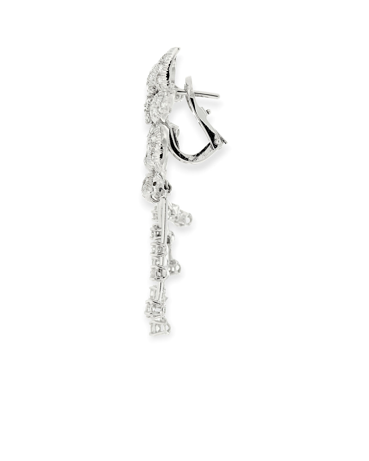 Side profile of a floral diamond drop earring in 18K white gold, showing the fastening and cascading stems, reference 1030E.