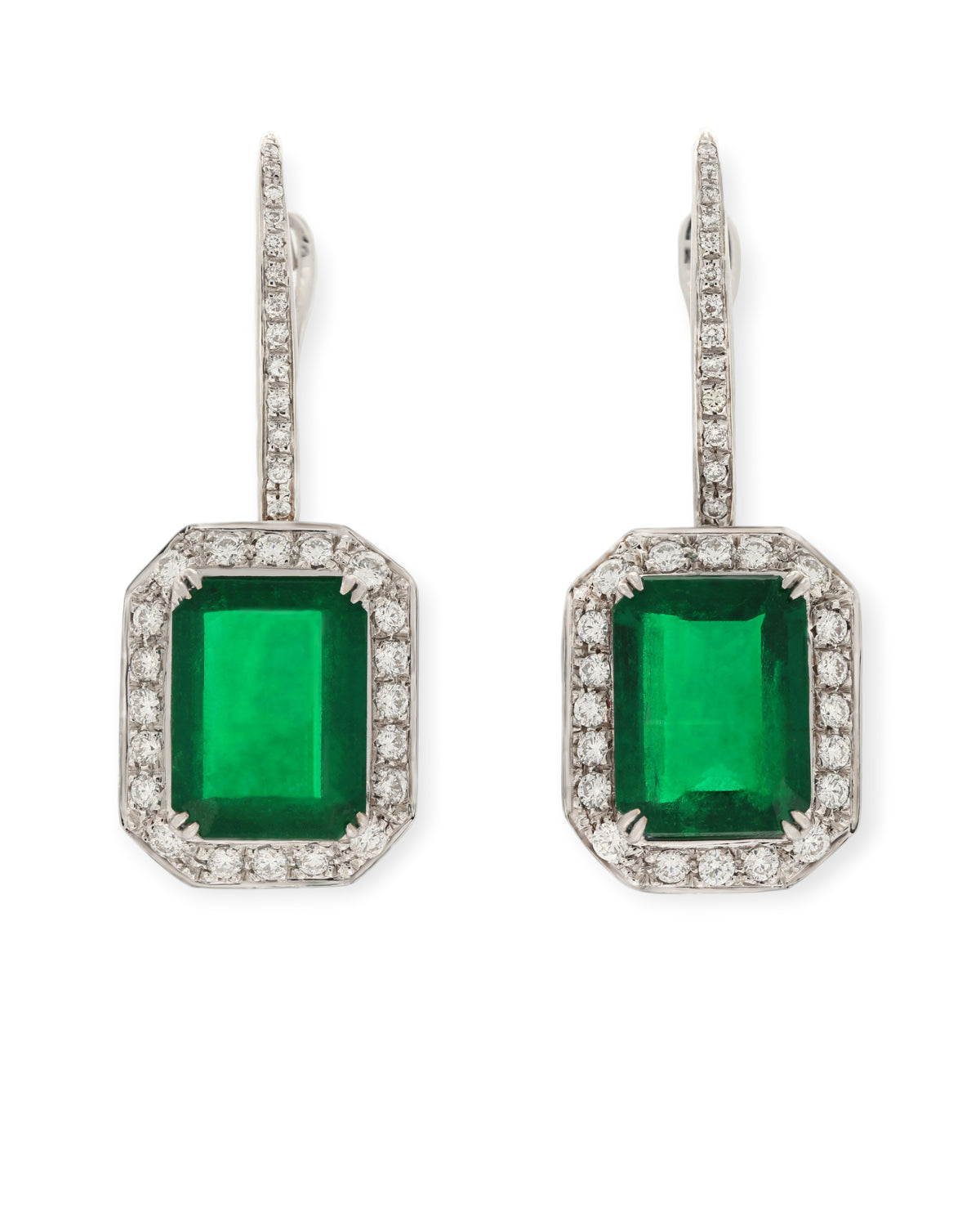 Rectangular green emerald drop earrings with diamond halos and diamond-set hooks in 18K white gold, reference 1356E-1.