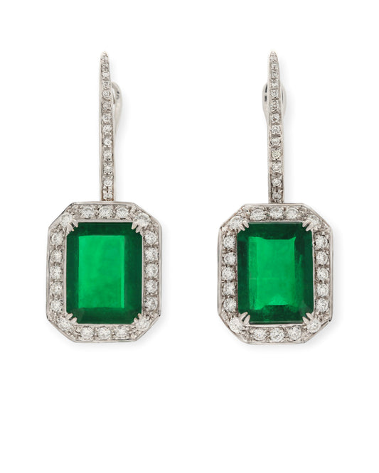 Rectangular green emerald drop earrings with diamond halos and diamond-set hooks in 18K white gold, reference 1356E-1.