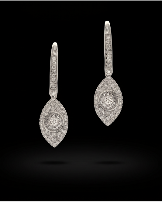 18K white gold diamond drop earrings with navette-shaped surrounds and diamond-set hooks, reference 1953E.