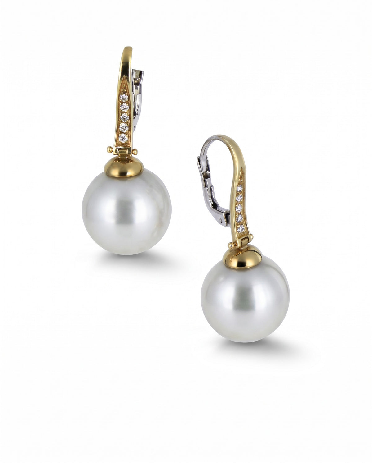 South Sea pearl and diamond drop earrings in 18K yellow gold, shown at different angles on white with the hooks visible, reference 239E.
