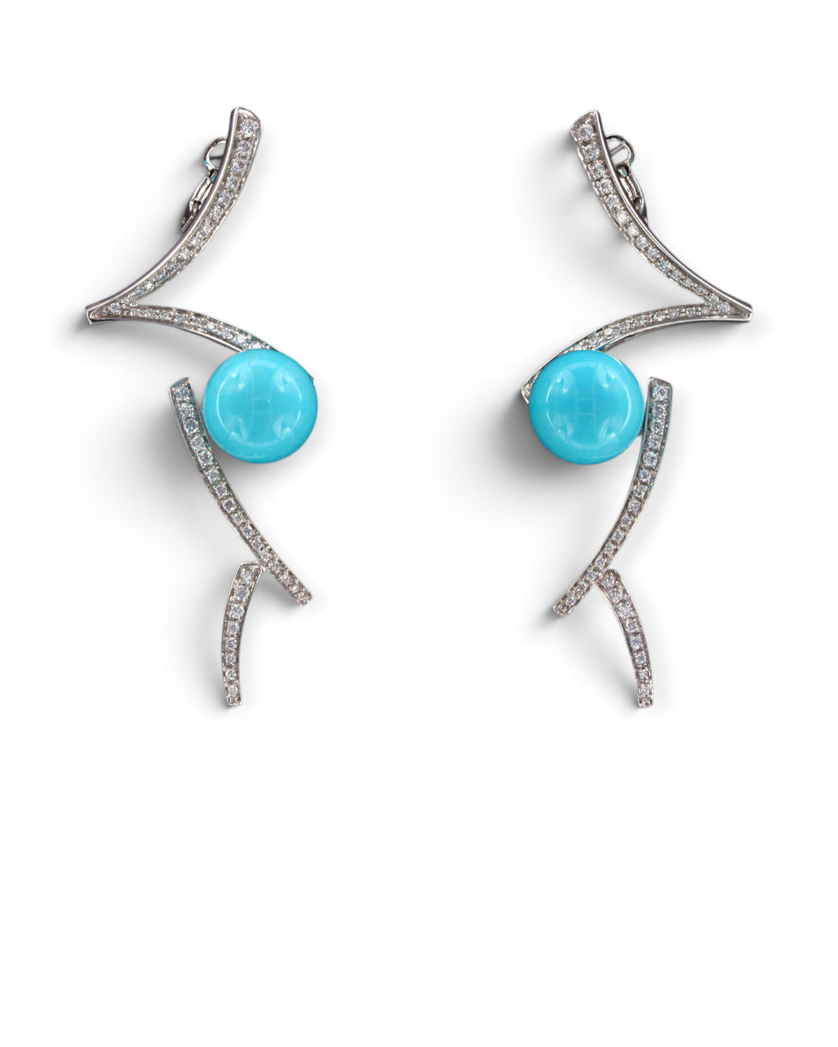 Caeruleum earrings in 18K white gold with bright blue spherical accents and curved diamond-set lines, shown on white, reference 834E.
