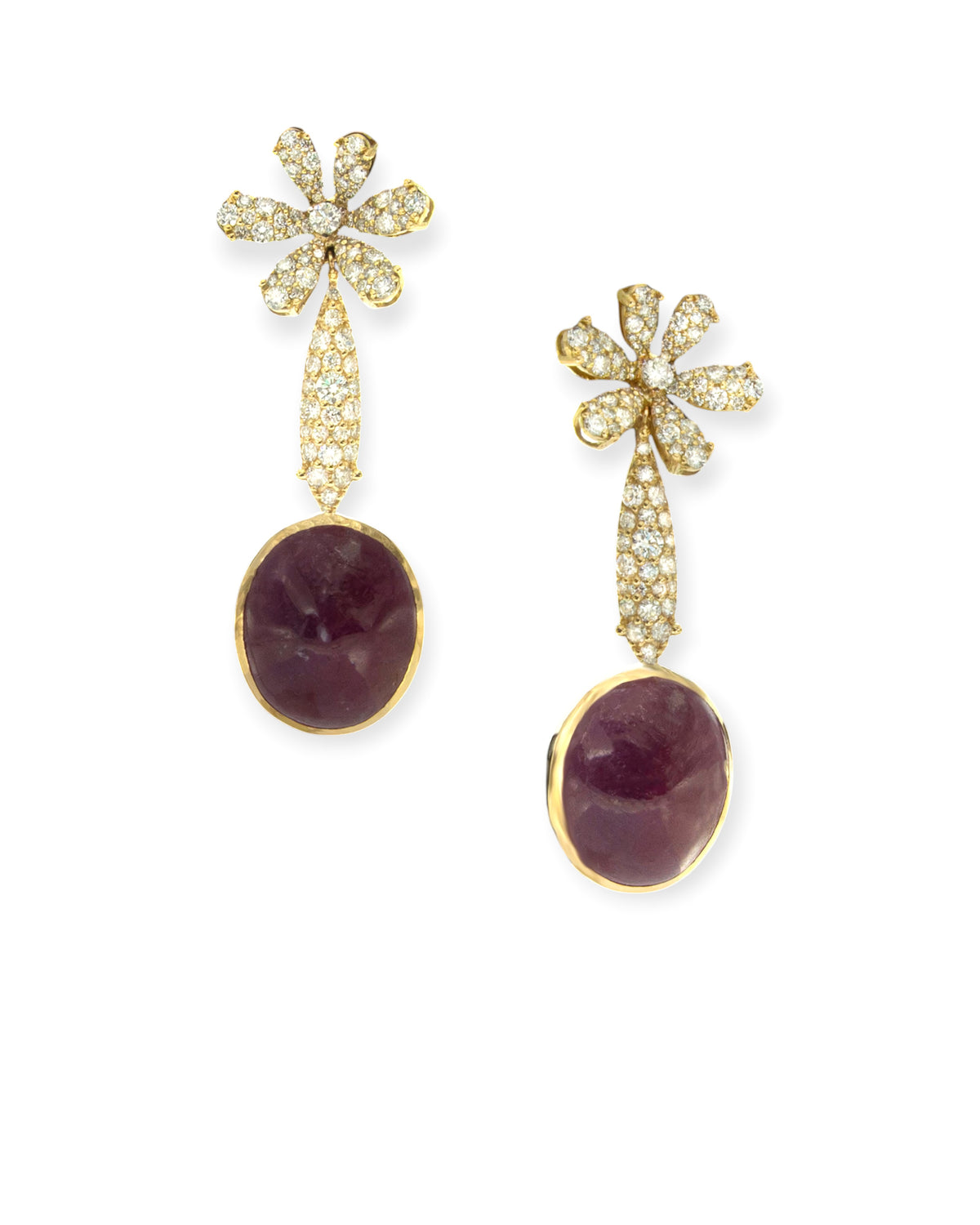 18K yellow gold drop earrings with diamond flower tops and oval cabochon rubies, reference ER0050.