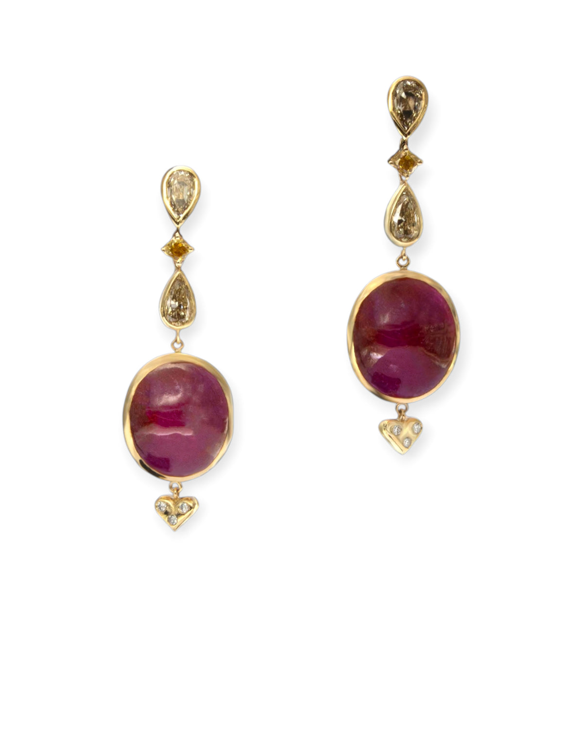 Oval cabochon ruby drop earrings with fancy colour diamond accents in 18K yellow gold, reference ER0053.