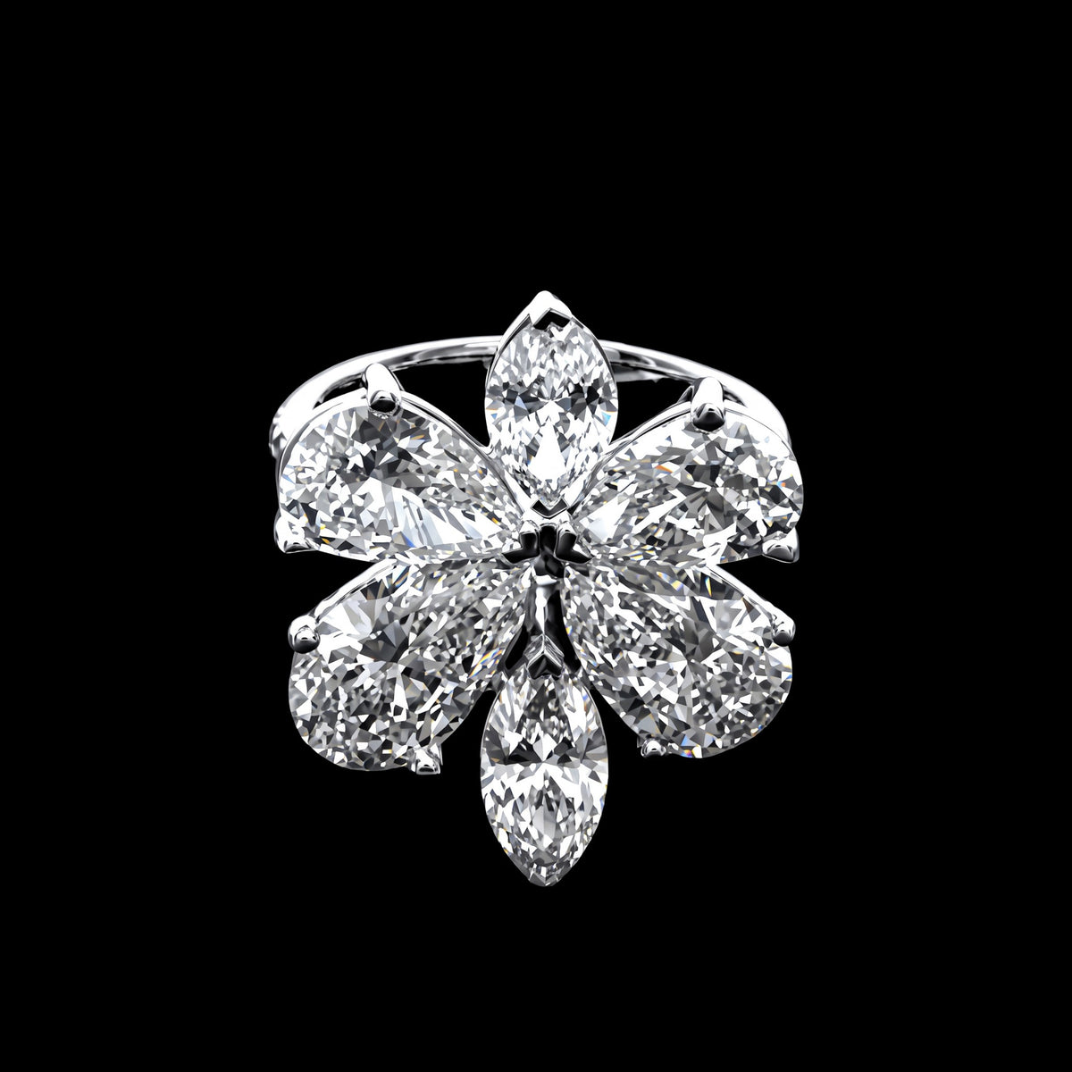 Front view of the pear-shaped and marquise diamond butterfly ring in 18K white gold on a black background, reference RN0125.