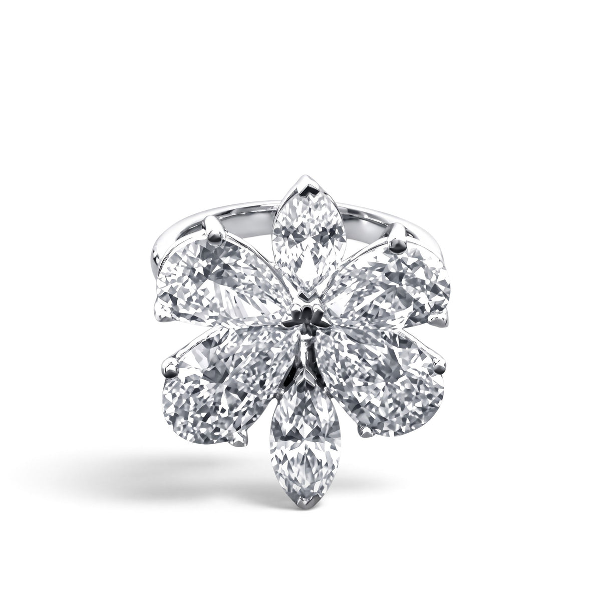 Front view of the butterfly-shaped ring with pear and marquise diamonds in 18K white gold, shown on white, reference RN0125.