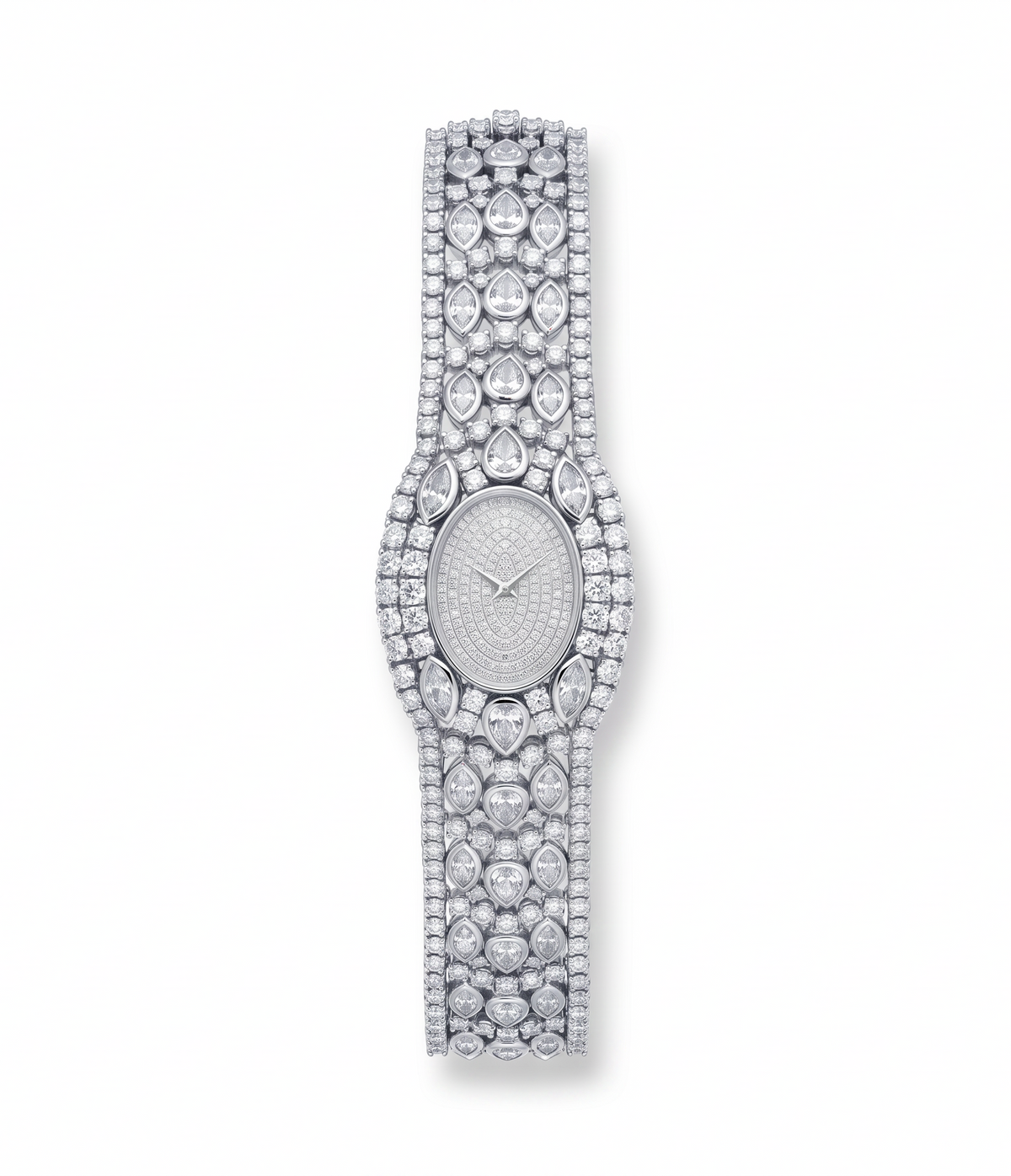 hofjewellery 18K white gold watch featuring 36.55ct of mixed-cut diamonds including round, pear, and marquise shapes.