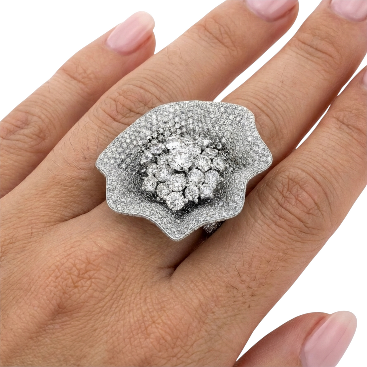 hofjewellery Arges Bouquet 18K white gold ring with a large round diamond center and pavé diamond floral setting