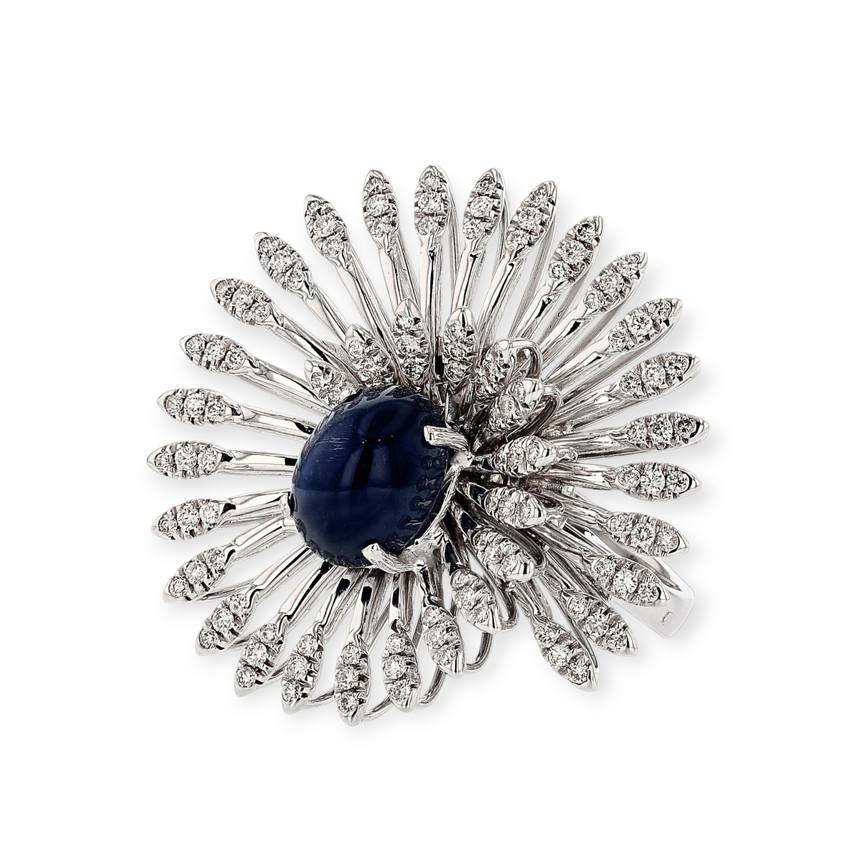 hofjewellery 18K white gold cocktail ring featuring a central cabochon sapphire surrounded by diamond-set swirls.