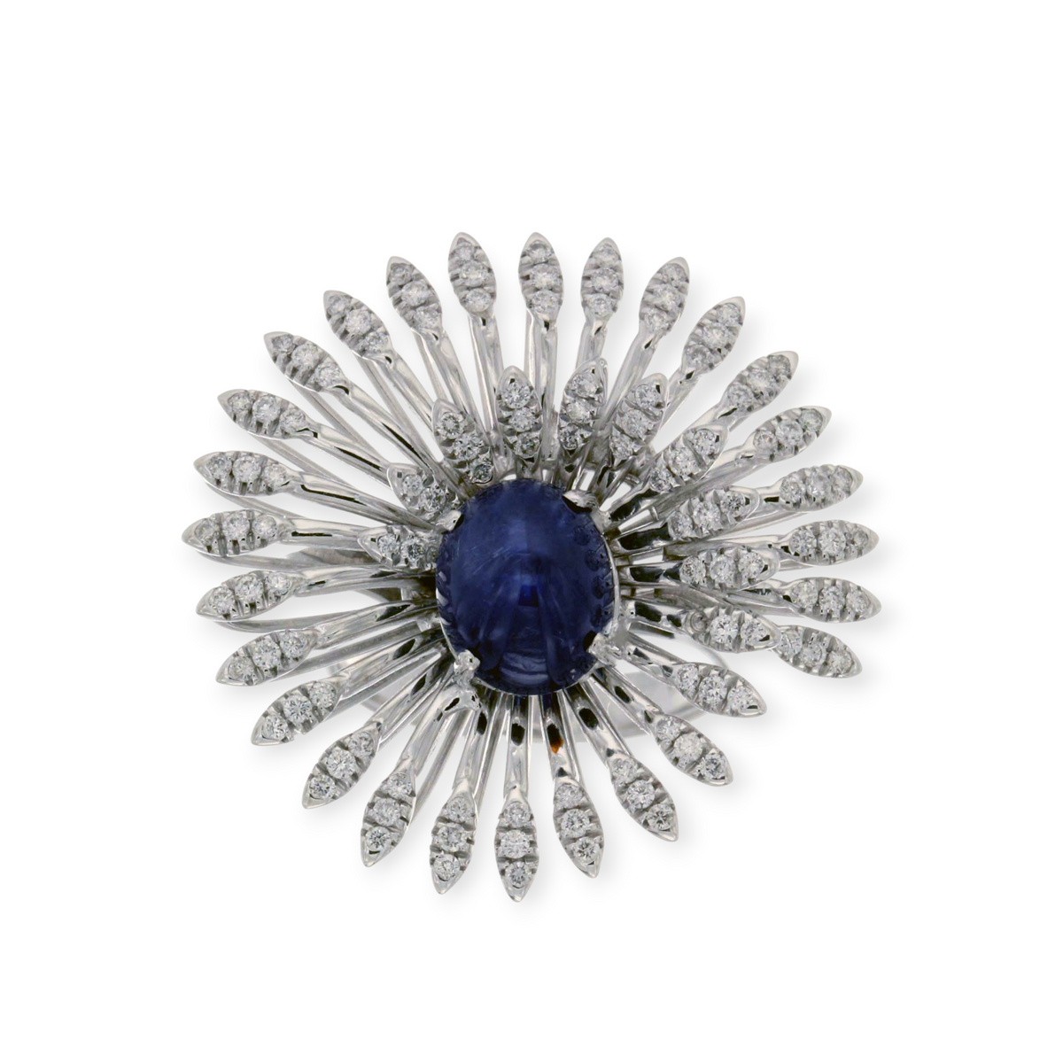 hofjewellery 18K white gold cocktail ring with a central cabochon sapphire and diamond-encrusted swirl design.