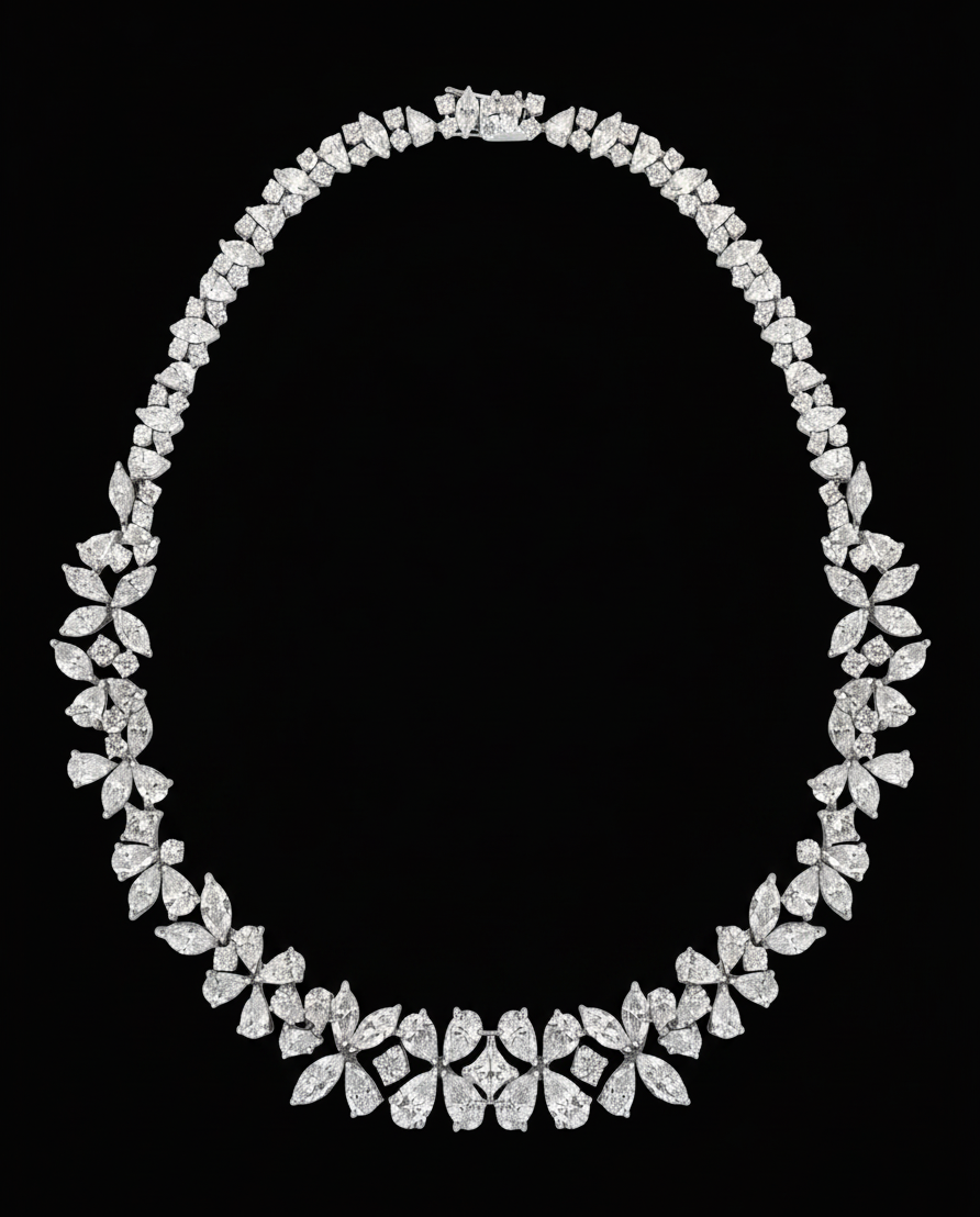 hofjewellery Coppélia 18K white gold necklace featuring 43.18ct pear, marquise, round, and princess cut diamonds.
