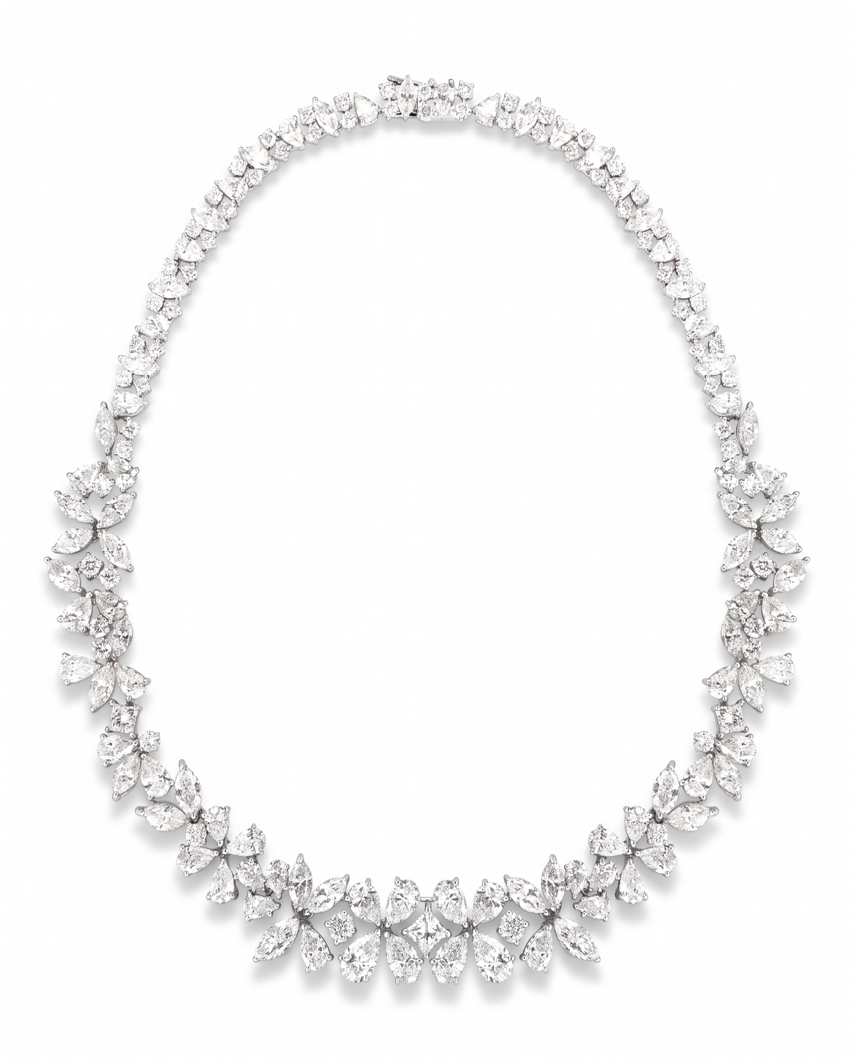 hofjewellery Coppélia 18K white gold necklace featuring 43.18ct pear, marquise, round, and princess cut diamonds.