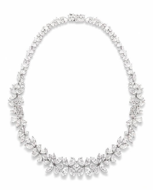 hofjewellery Coppélia 18K white gold necklace featuring 43.18ct pear, marquise, round, and princess cut diamonds.