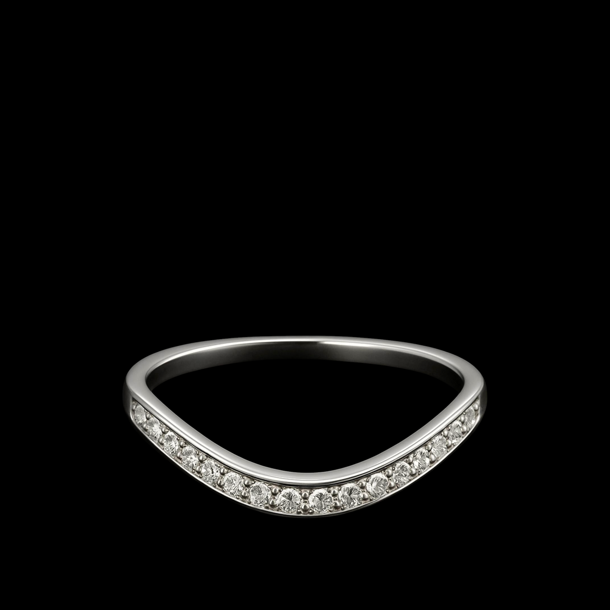 hofjewellery curved diamond band in 18K white gold with 0.18ct round diamonds on a black background