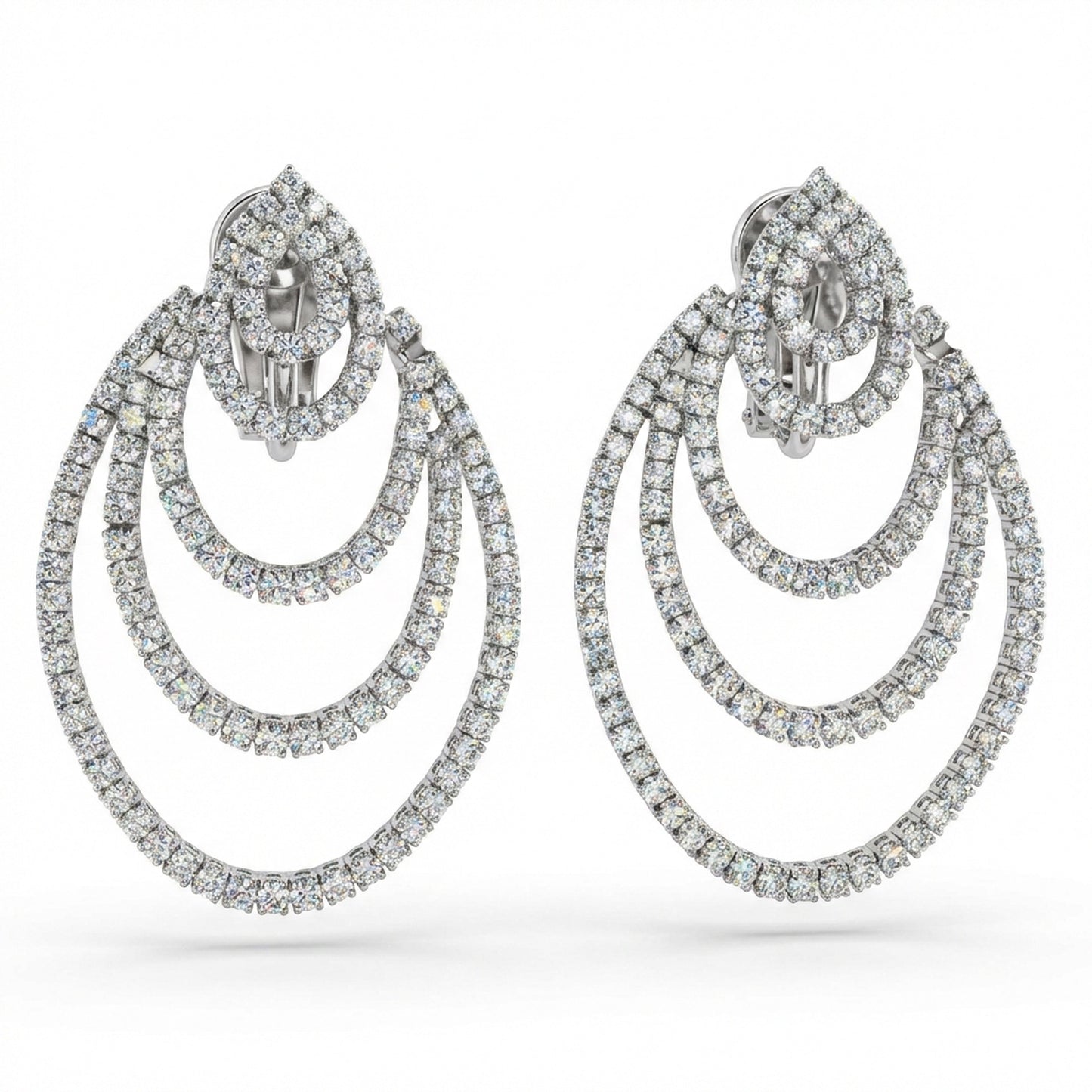 hofjewellery 18k white gold chandelier earrings featuring round and pear-shaped natural diamonds in a tiered design.