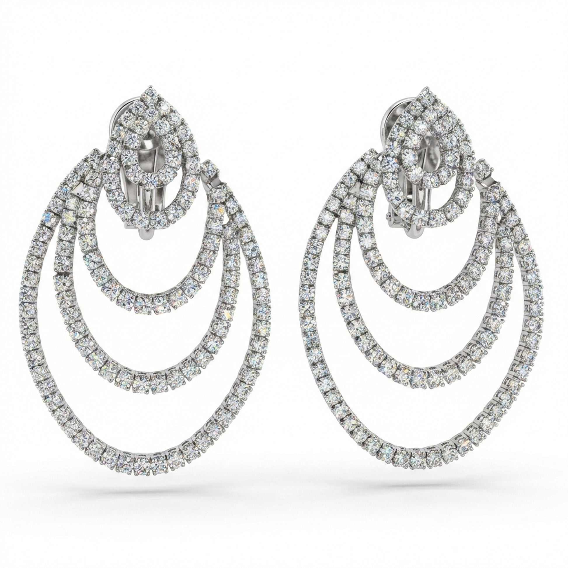 hofjewellery 18k white gold chandelier earrings featuring round and pear-shaped natural diamonds in a tiered design.