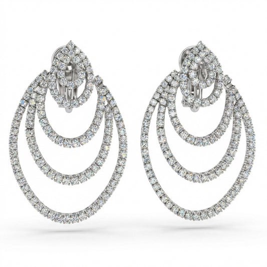 hofjewellery 18k white gold chandelier earrings featuring round and pear-shaped natural diamonds in a tiered design.