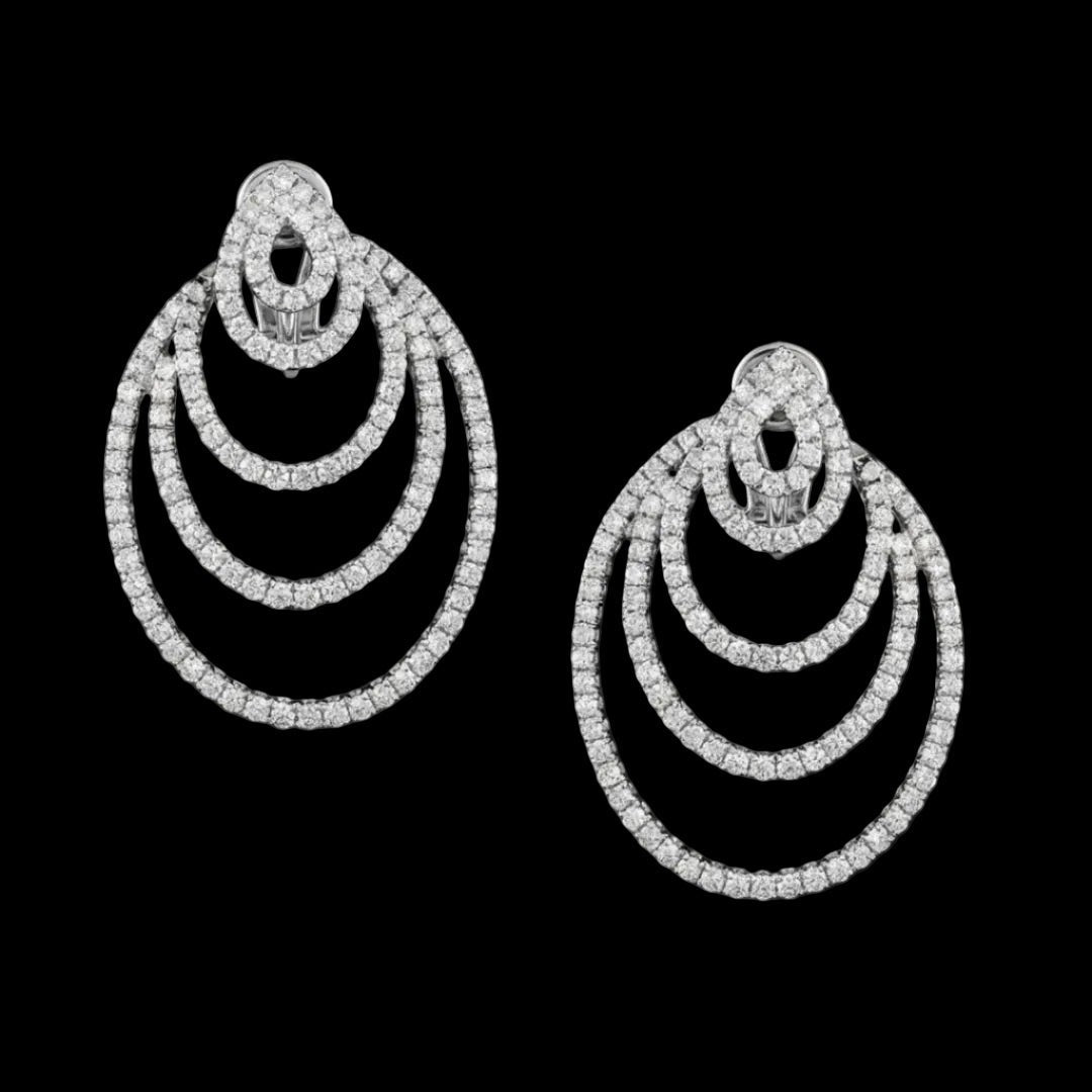 hofjewellery 18k white gold earrings featuring concentric diamond circles with round and pear-shaped natural diamonds.
