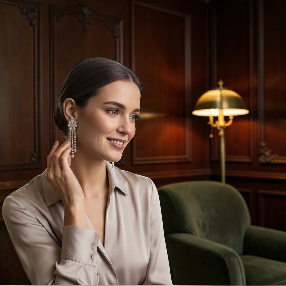hofjewellery 18K white gold drop earrings with pear, oval, and round diamonds worn by a woman in a sunlit conservatory