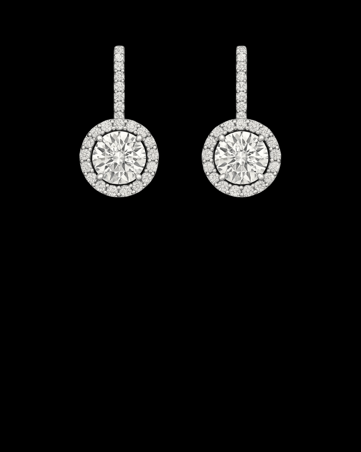 hofjewellery 18K white gold drop earrings featuring round brilliant solitaire diamonds with a sparkling diamond halo.