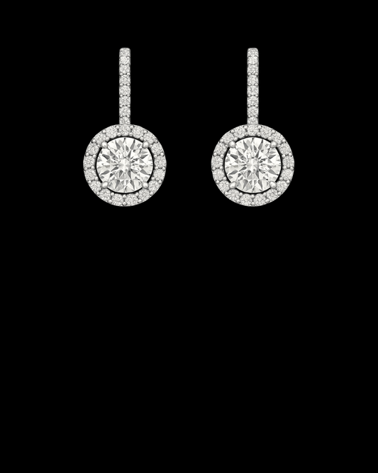 hofjewellery 18K white gold drop earrings featuring round brilliant solitaire diamonds with a sparkling diamond halo.