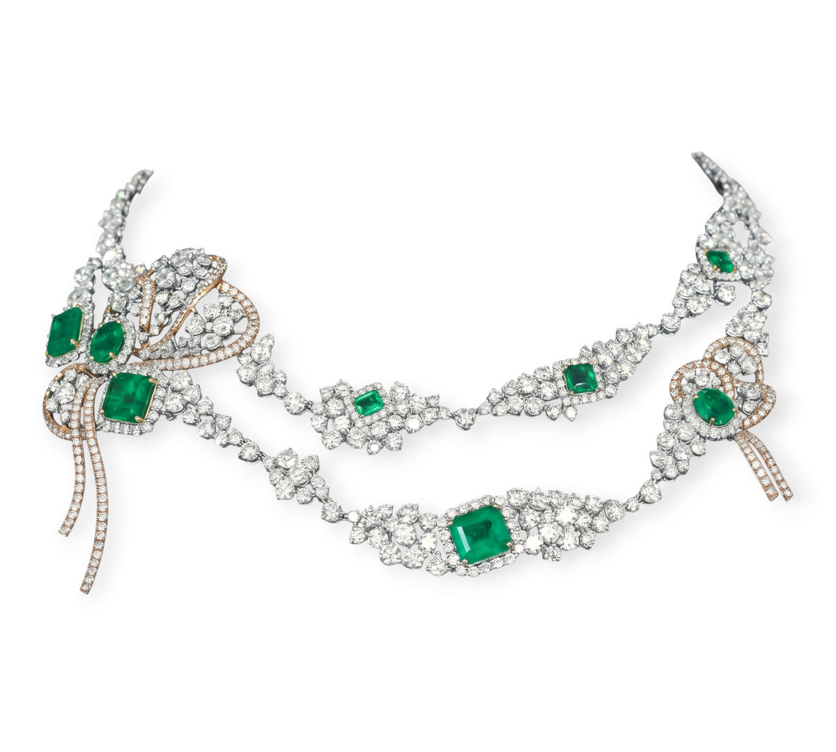 hofjewellery Farfallino Smeraldo 18K white and rose gold necklace with Colombian emeralds, pink and white diamonds.