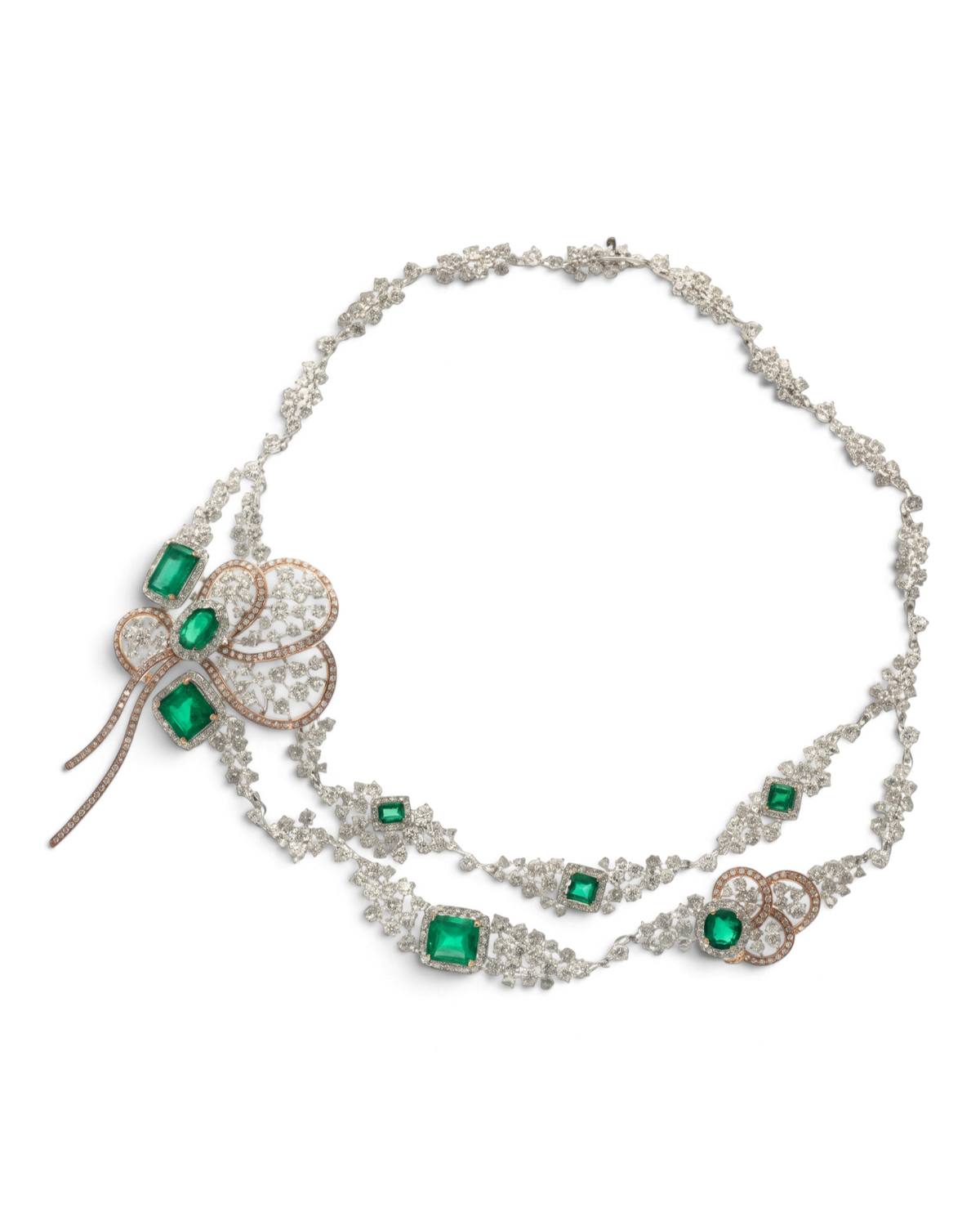 hofjewellery Farfallino Smeraldo 18K white and rose gold necklace with Colombian emeralds and brilliant diamonds.