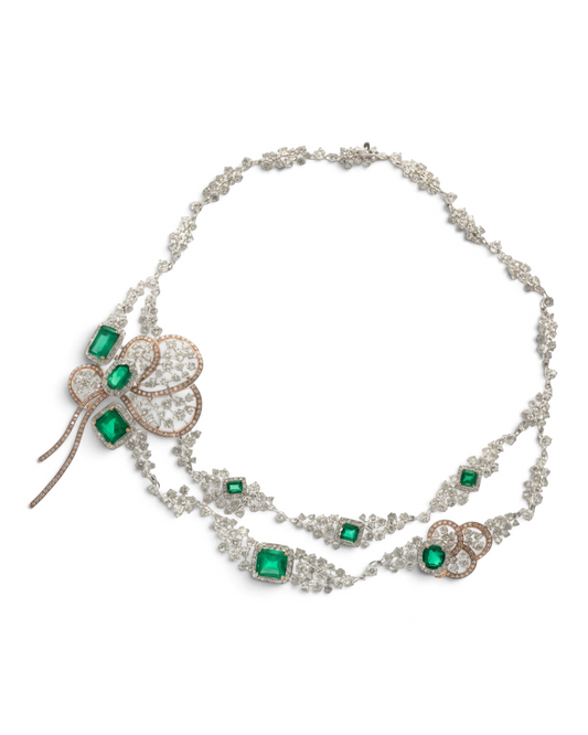 hofjewellery Farfallino Smeraldo 18K white and rose gold necklace with Colombian emeralds and brilliant diamonds.